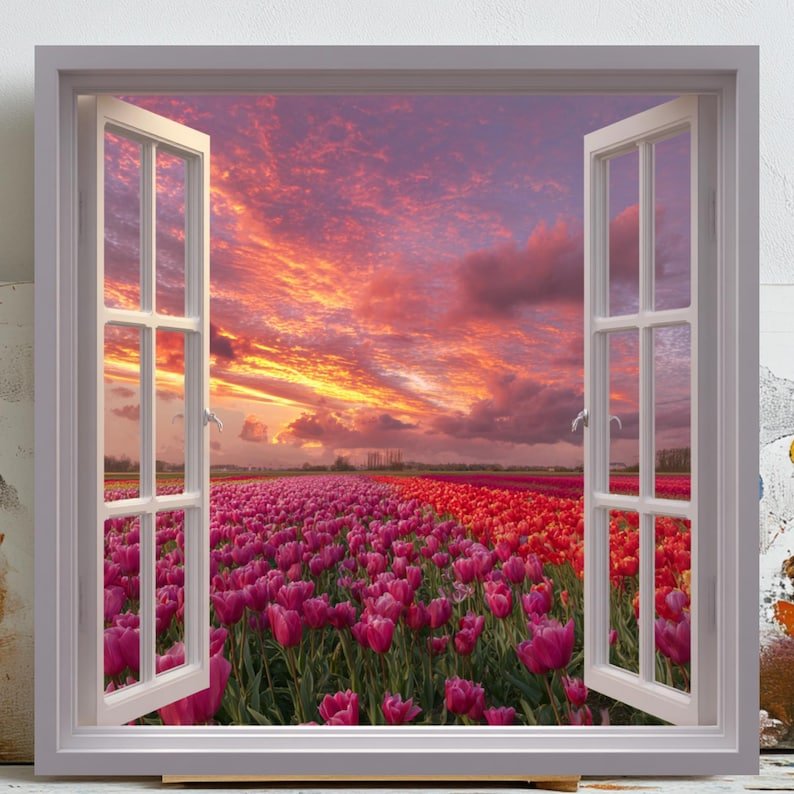 Pink Tulip Field Wall Art, Canvas or Poster, Open Window Sunset Landscape, Floral Nature Print for Living Room, Bedroom or Office Wall Decor