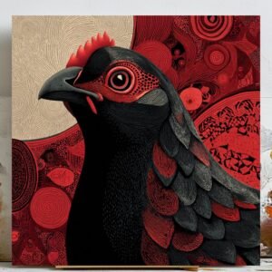 Modern Rooster Wall Art Canvas Or Poster, Folk Art Bird Print, Red and Black Farmhouse Decor, Rustic Kitchen Wall Hanging, Pheasant Artwork