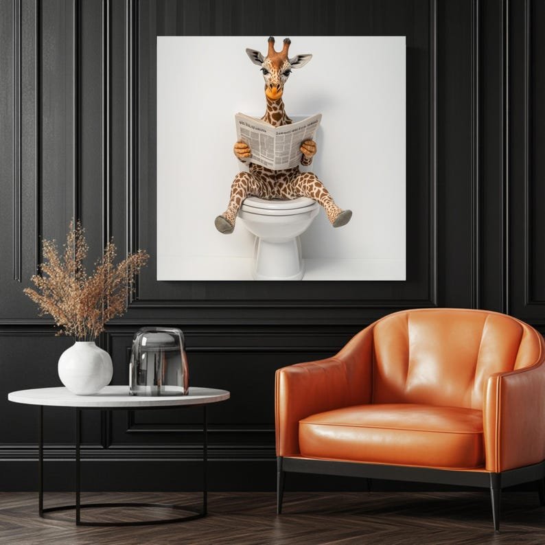 Giraffe On Toilet Art, Canvas or Poster, Funny Bathroom Decor, Whimsical Animal Wall Art, Modern Home Artwork, Playful Wall Decoration - Image 3