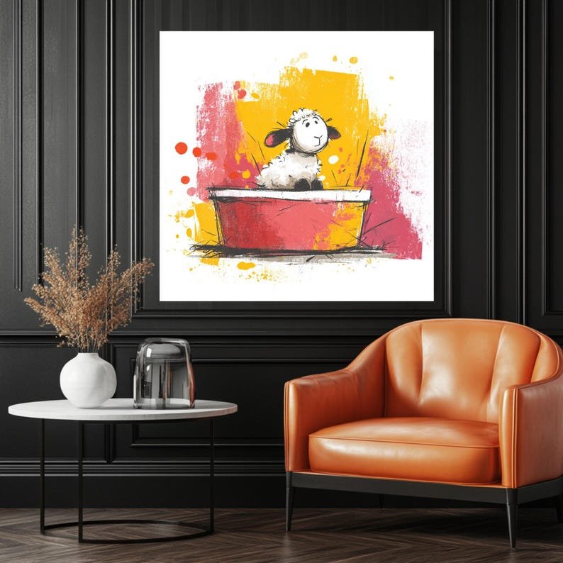 Sheep In Bucket Wall Art, Canvas Or Poster, Cute Lamb Nursery Decor, Whimsical Animal Print, Pink Yellow Kids Room Decor, Playful Sheep Art - Image 4