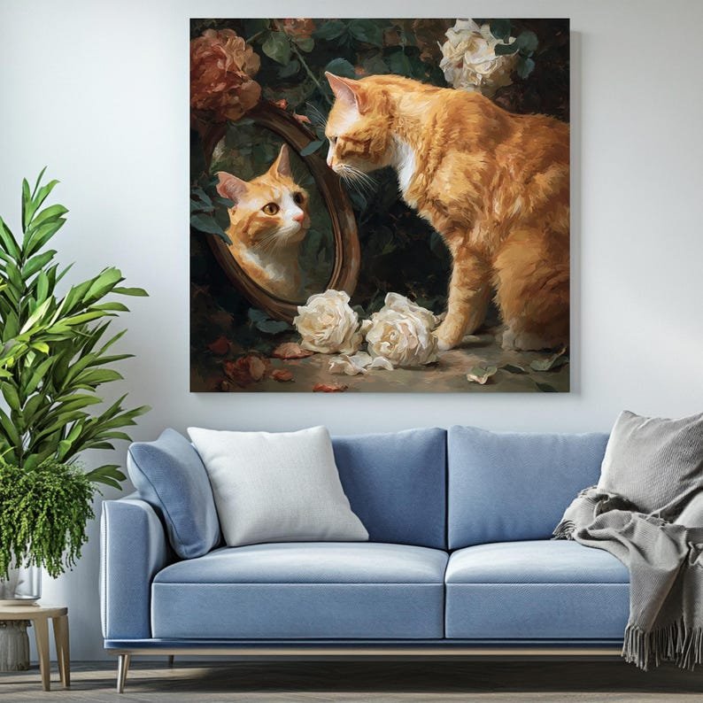 Cat And Mirror Wall Art, Canvas Or Poster, Feline Decor, Modern Home Decor, Animal Lovers Gift, Unique Wall Hanging, Cat Art Print - Image 4