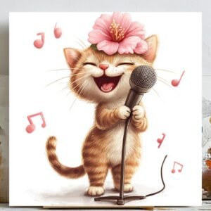 Singing Kitten Wall Art, Canvas Or Poster, Cute Animal Decor, Whimsical Cat Wall Art, Nursery Kids Room Decor, Pink Music Art Print