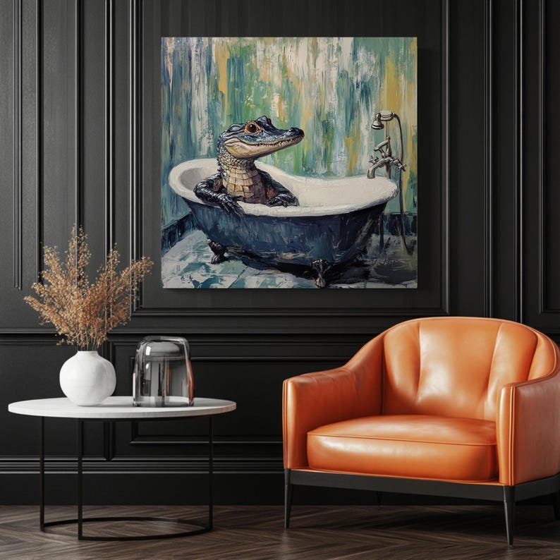 Crocodile In Bathtub, Canvas Or Poster, Bathroom Wall Art, Wildlife-Inspired Art, Contemporary Animal Art, Bathroom Wall Decor, Home Decor - Image 3