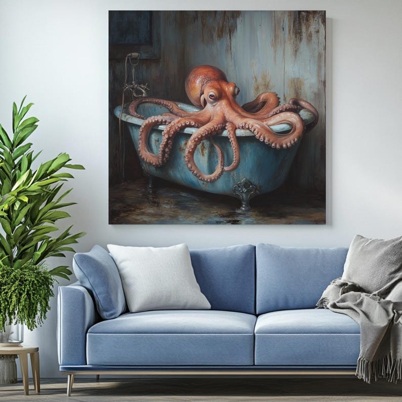 Octopus In Bathtub, Canvas Or Poster, Bathroom Wall Art, Animal Decor, Kids Decor, Nautical Nursery Art, Funny Octopus Wall Art, Home Decor - Image 4