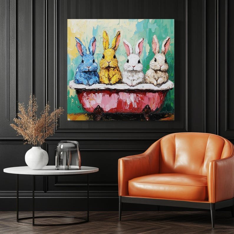 Colorful Bunny Bathtub Art, Canvas or Poster, Whimsical Bathroom Decor, Kids Room or Nursery Wall Art, Blue Yellow White Bunny Painting - Image 3