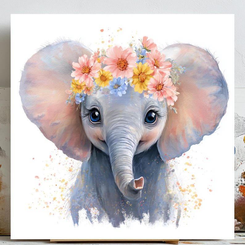 Baby Elephant Wall Art, Canvas Or Poster, Floral Animal Print, Nursery Wall Decor, Boho Kids Room Art, Cute Baby Decor,Floral Elephant Print