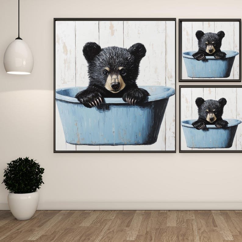 Bear In Tub Wall Art, Canvas or Poster, Nursery Animal Decor, Woodland Theme Wall Art, Modern Kids Room Wall Hanging, Rustic Home Wall Art - Image 2