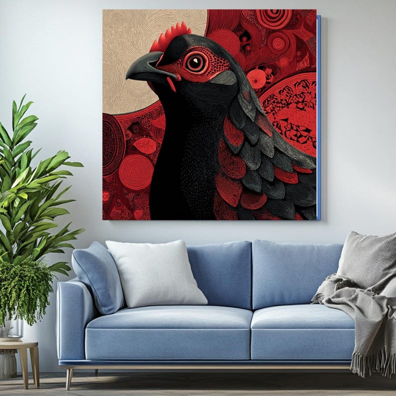 Modern Rooster Wall Art Canvas Or Poster, Folk Art Bird Print, Red and Black Farmhouse Decor, Rustic Kitchen Wall Hanging, Pheasant Artwork - Image 3