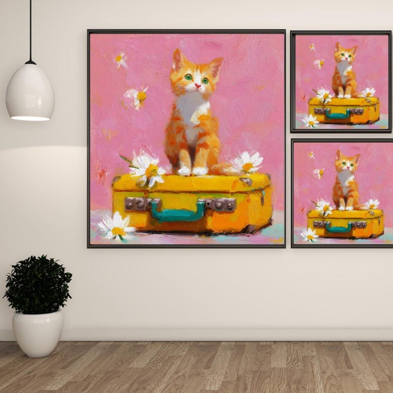 Ginger Kitten on Suitcase Wall Art, Canvas Or Poster, Pink Nursery Decor, Whimsical Cat Painting, Daisy Flower Art, Gift for Cat Lovers Art - Image 2