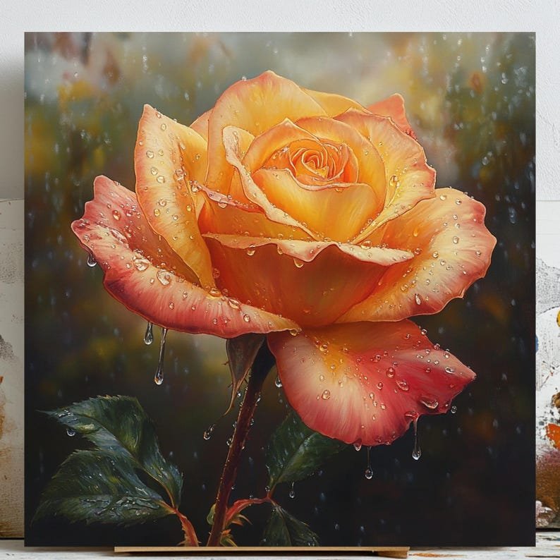 Orange Yellow Rose Wall Art, Canvas Or Poster, Realistic Floral Painting, Romantic Wall Art, Anniversary Gift For Wife, Elegant Wall Decor