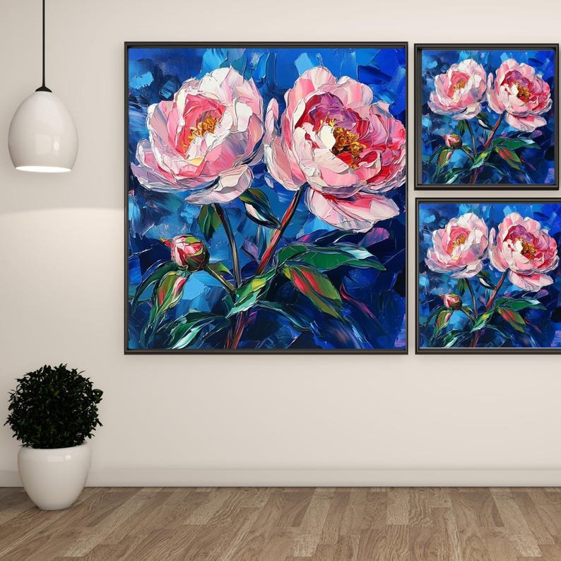 Peonies Botanical Art, Poster or Canvas, Floral Printable Wall Art, Gallery Wall Art, Modern Home Decor, Pink and Blue Print, Peony Oil Art - Image 2