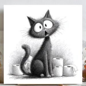 Funny Black Cat Art, Canvas Or Poster, Bathroom Wall Decor, Whimsical Animal Illustration, Toilet Paper Cat Print, Playful Cat Wall Hanging