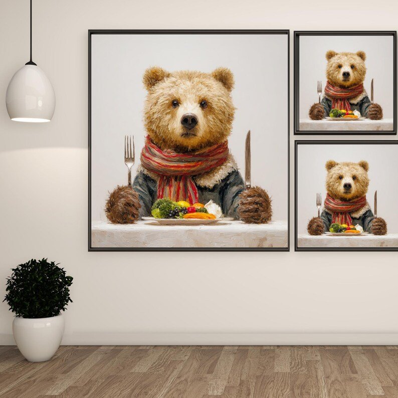 Bear Dining Table Wall Art, Canvas Or Poster, Rustic Cabin Decor, Woodland Kitchen Art,Funny Animal Decor,Unique Dining Room Print,Bear Gift - Image 2
