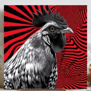 Modern Rooster Wall Art, Canvas or Poster, Psychedelic Chicken Decor, Red and Black Abstract Farmhouse Print, Surreal Kitchen Wall Hanging