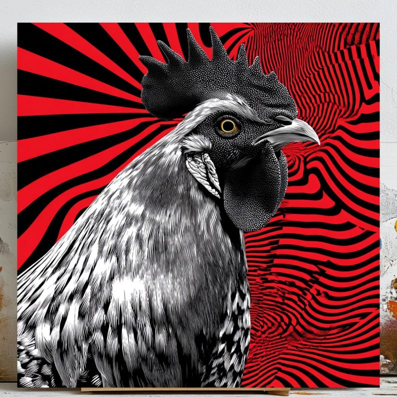 Modern Rooster Wall Art, Canvas or Poster, Psychedelic Chicken Decor, Red and Black Abstract Farmhouse Print, Surreal Kitchen Wall Hanging