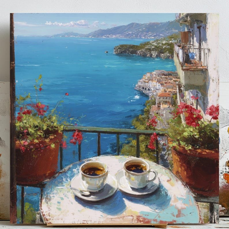 Mediterranean Wall Art, Canvas or Poster, Coastal Balcony Decor, Kitchen Wall Art, Contemporary Painting, Living Room Art, Ocean View Art