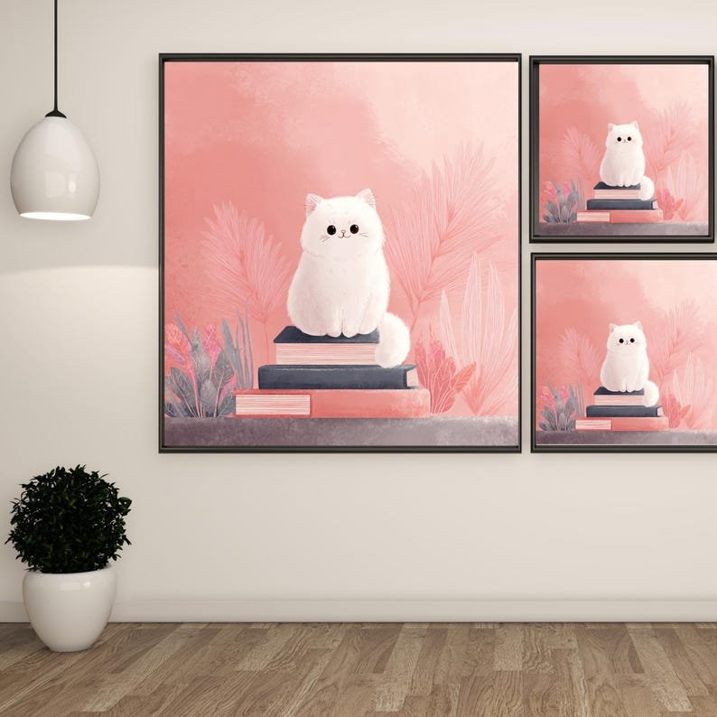 Cute White Cat Reading Artwork, Canvas Or Poster, Nursery Wall Decor, Kids Study Room Art, Whimsical Animal Illustration, Pink Home Decor - Image 2