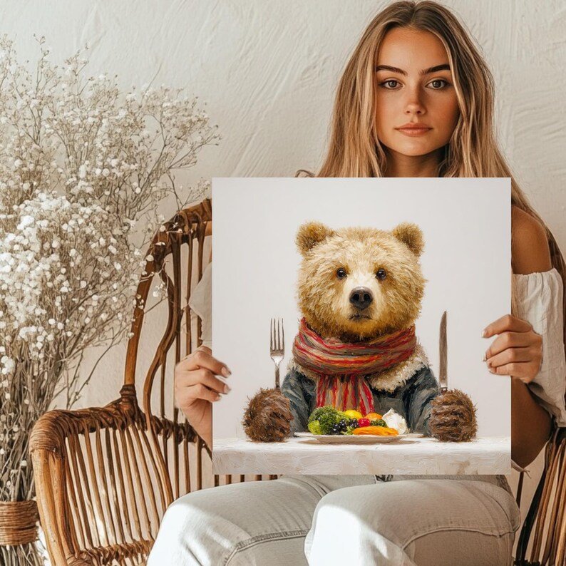 Bear Dining Table Wall Art, Canvas Or Poster, Rustic Cabin Decor, Woodland Kitchen Art,Funny Animal Decor,Unique Dining Room Print,Bear Gift - Image 5