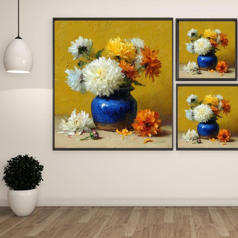Yellow Floral Wall Art, Canvas Or Poster, Impasto Flower Oil Painting, Blue Vase Decor, Vibrant Still Life, Kitchen Decor, Farmhouse Art - Image 2