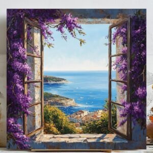 Mediterranean Window View Art, Canvas or Poster, Coastal Glam Decor, Living Room Bedroom Office Wall Art, Floral Window Wall Art,Open Window
