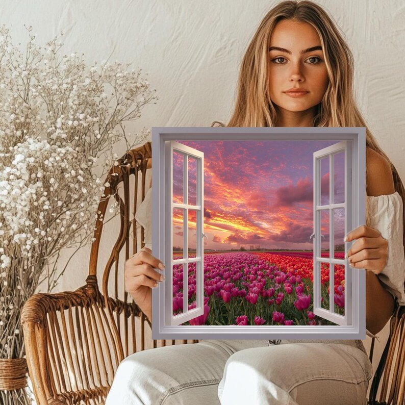 Pink Tulip Field Wall Art, Canvas or Poster, Open Window Sunset Landscape, Floral Nature Print for Living Room, Bedroom or Office Wall Decor - Image 5