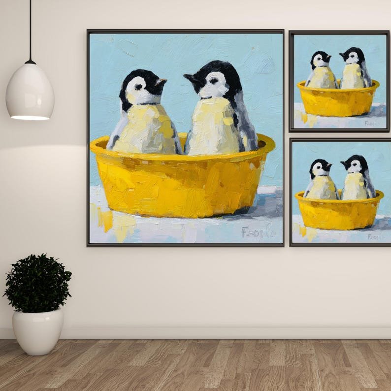 Penguins In Yellow Tub Wall Art, Canvas Or Poster, Funny Bathroom Decor, Cute Penguin Nursery Art, Whimsical Animal Painting, Kids Decor - Image 2
