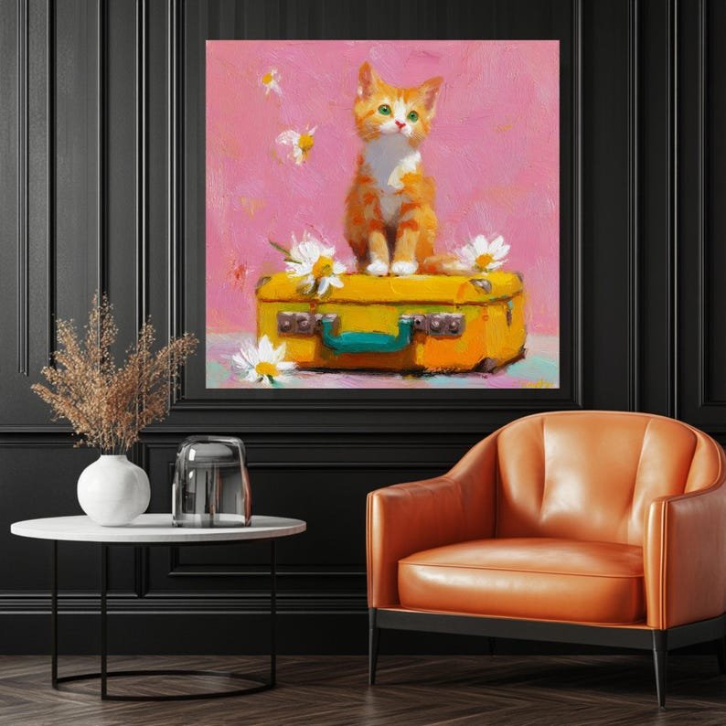 Ginger Kitten on Suitcase Wall Art, Canvas Or Poster, Pink Nursery Decor, Whimsical Cat Painting, Daisy Flower Art, Gift for Cat Lovers Art - Image 4