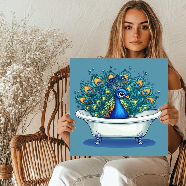 Peacock in Bathtub Art, Canvas or Poster, Funny Bathroom Decor, Animal Wall Art, Whimsical Home Decor, Modern Bathroom Wall Design - Image 5