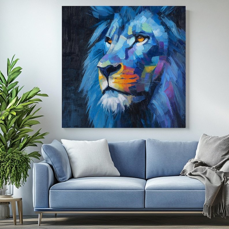 Abstract Blue Lion Painting, Canvas or Poster, Colorful Wildlife Decor, Modern Animal Art, Living Room Office Bedroom Wall Decor, Indigo Art - Image 3