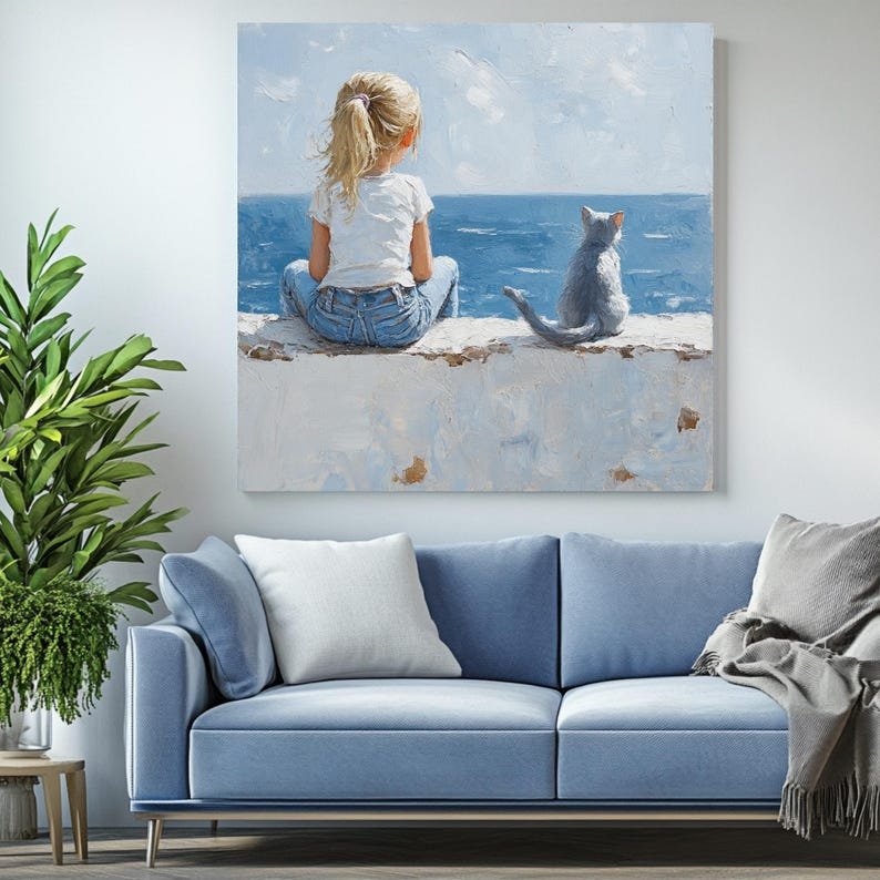 Girl and Cat Wall Art, Ocean View Print, Peaceful Beach Poster, Coastal Wall Decor, Cat Lover Gift, Serene Art Print, Boho Room Decor - Image 4