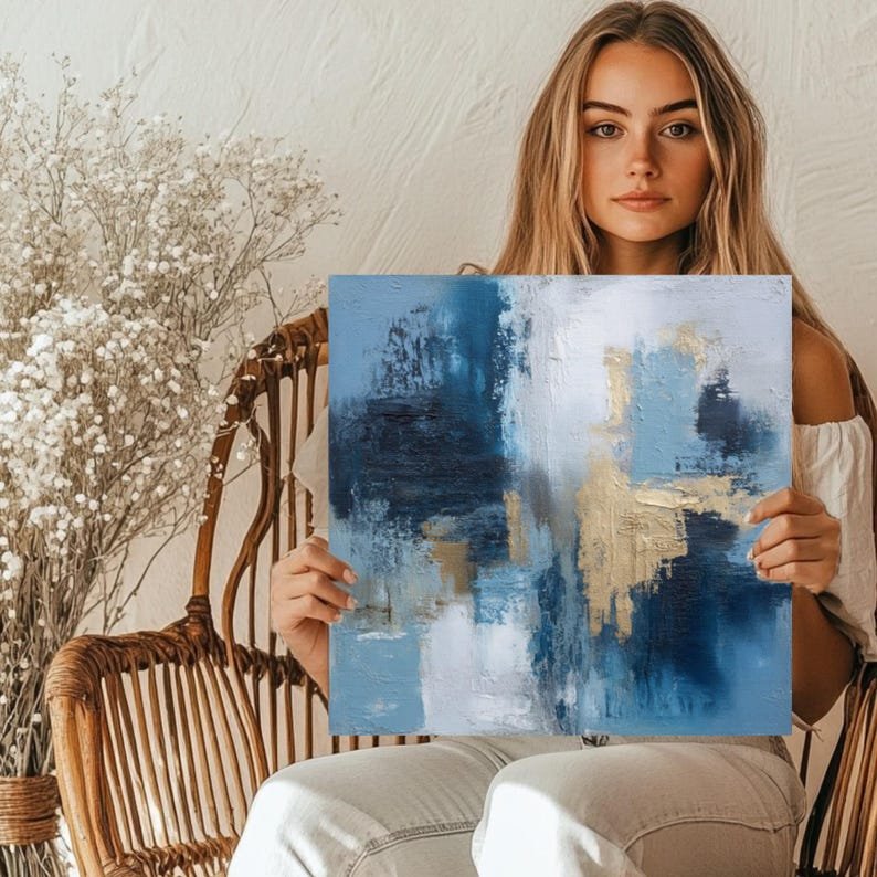 Textured Blue Gold Wall Art, Canvas or Poster, Modern Abstract Painting, Elegant Home Decor, Living Room Bedroom Wall Hanging, Office Art - Image 5