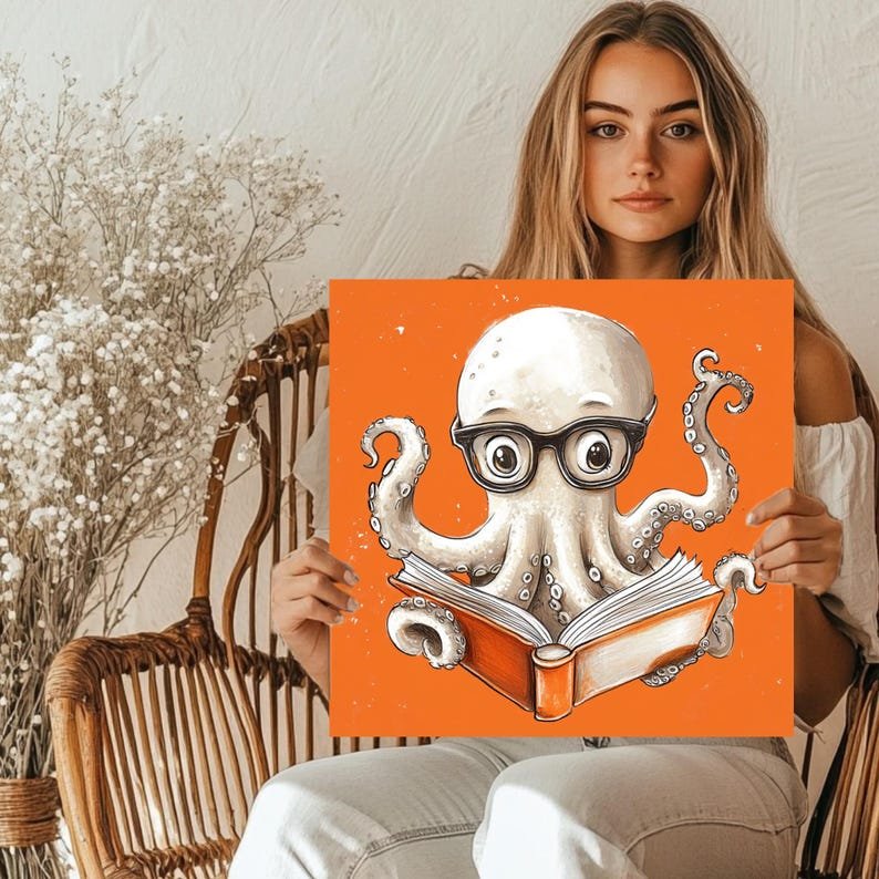 Adorable Octopus Reading Book Art, Canvas Or Poster, Charming Wall Decor for Nursery or Library, Whimsical Sea Creature Painting, Gift Idea - Image 5