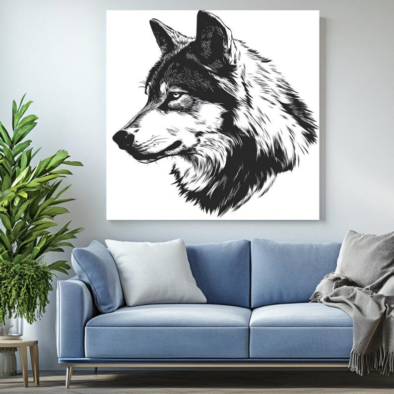 Wolf Head Wall Art, Canvas Or Poster, Minimalist Wildlife Decor, Living Room Office Bedroom Wall Art, Black and White Ink Sketch Art Print - Image 3