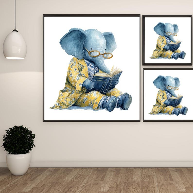 Reading Elephant Wall Art, Canvas Or Poster, Nursery Bedroom Decor, Whimsical Animal Wall Hanging, Blue Yellow Elephant Art, Kids Room Art - Image 2