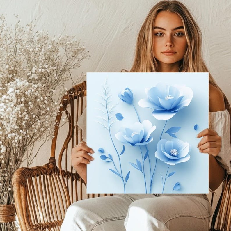 Blue Floral Wall Art, Botanical Print, Flower Decor, Floral Canvas, Digital Download, Blue Flower Poster, Modern Floral Wall Art, Home Decor - Image 5