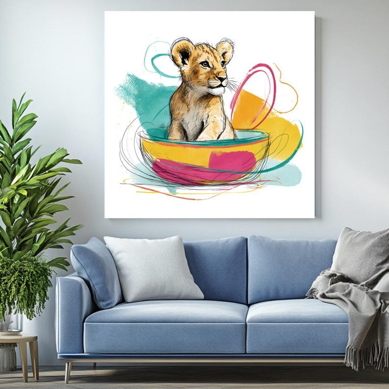 Lion Cub in Teacup Wall Art, Canvas Or Poster, Whimsical Safari Nursery Decor, Colorful Animal Art, Kids Playroom Wall Decor, Cute Baby Gift - Image 3