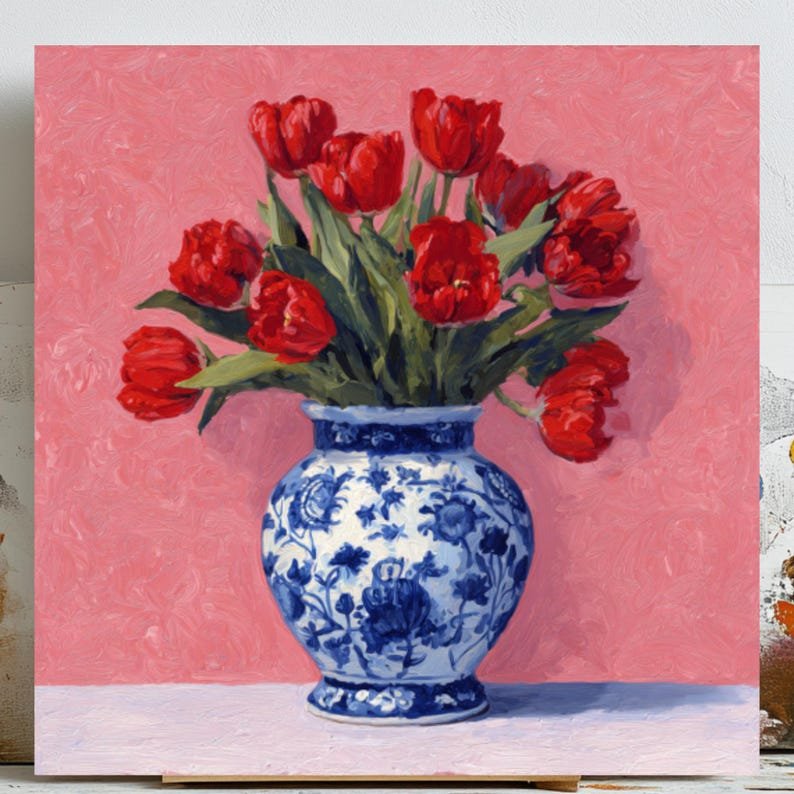 Red Tulip Bouquet Wall Art, Canvas or Poster, Floral Still Life Painting, Elegant Home Decor, Blue Vase, Dining Room Wall Art, Kitchen Decor