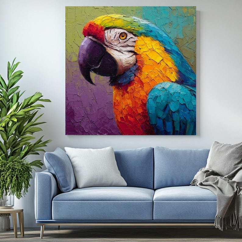 Colorful Macaw Parrot Wall Art, Canvas Or Poster, Tropical Bird Decor, Impasto Animal Art, Modern Living Room Decor, Unique Bird Lover Gift - Image 3