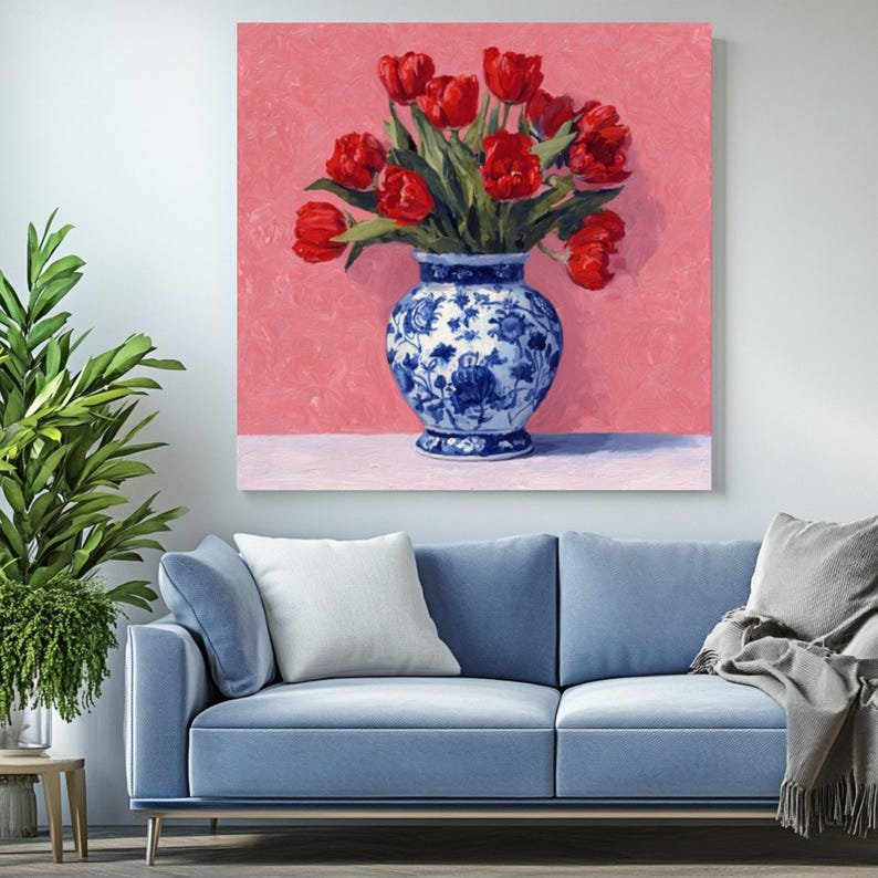 Red Tulip Bouquet Wall Art, Canvas or Poster, Floral Still Life Painting, Elegant Home Decor, Blue Vase, Dining Room Wall Art, Kitchen Decor - Image 4