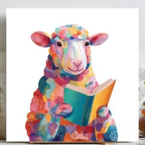 Colorful Sheep Reading Book, Canvas Or Poster, Whimsical Animal Decor, Kids Nursery Wall Art, Library Decor, Teacher Gift,Vibrant Wall Decor