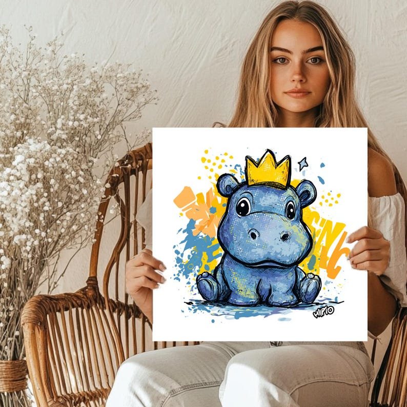 Cute Hippo Wall Art, Canvas Or Poster, Cartoon Animal Print, Baby Nursery Decor, Playroom Wall Art, Whimsical Kids Room Art, Home Decor - Image 5