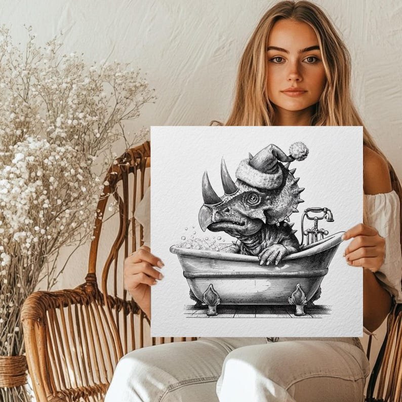Triceratops In Bathtub Art, Canvas Or Poster, Funny Animal Bathroom Wall Decor, Santa Hat Dinosaur Print, Holiday Home Decor, Dinosaur Art - Image 5