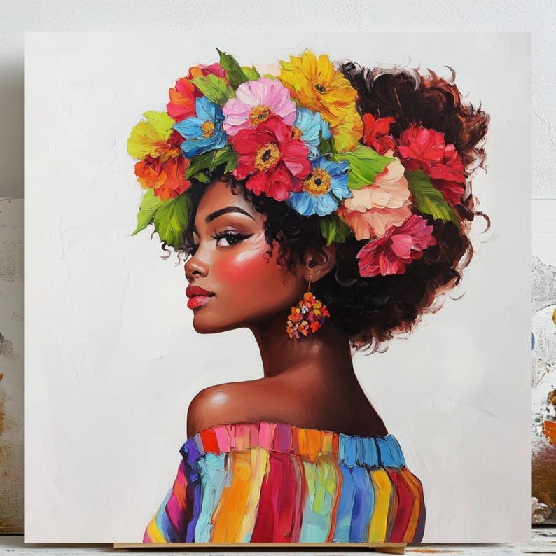 Black Woman With Flowers, Canvas Or Poster, Wall Decor, Portrait Decor, Living Room Decor, Bedroom Art, Floral Wall Hanging, Feminine Art
