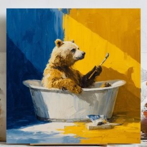 Bear in Bathtub Painting Canvas or Poster, Funny Animal Bathroom Wall Art, Whimsical Artist Bear Decor, Blue and Yellow Impasto Style Art
