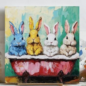 Colorful Bunny Bathtub Art, Canvas or Poster, Whimsical Bathroom Decor, Kids Room or Nursery Wall Art, Blue Yellow White Bunny Painting