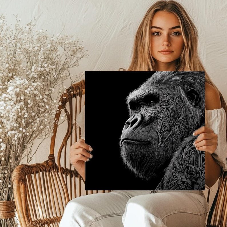 Gorilla Wall Art, Canvas Or Poster, Black And White Tribal Design, Modern Animal Print, Masculine Home Decor, Jungle Wall Hanging,Office Art - Image 5