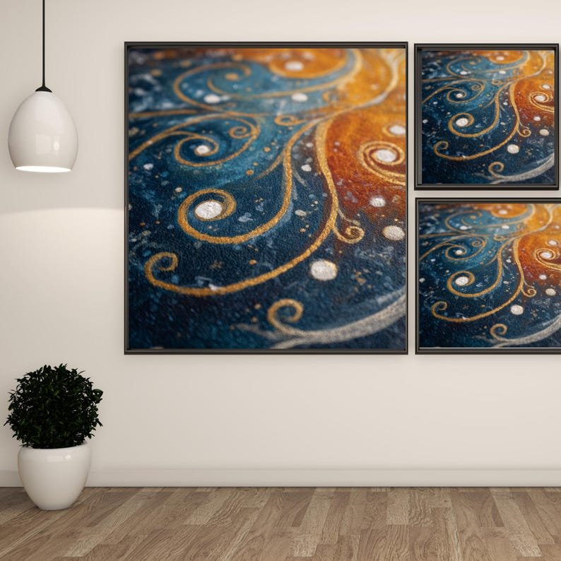 Blue and Gold Abstract Swirl Canvas Or Poster, Modern Boho Aesthetic Wall Art for Living Room or Bedroom, Elegant Contemporary Home Decor - Image 2