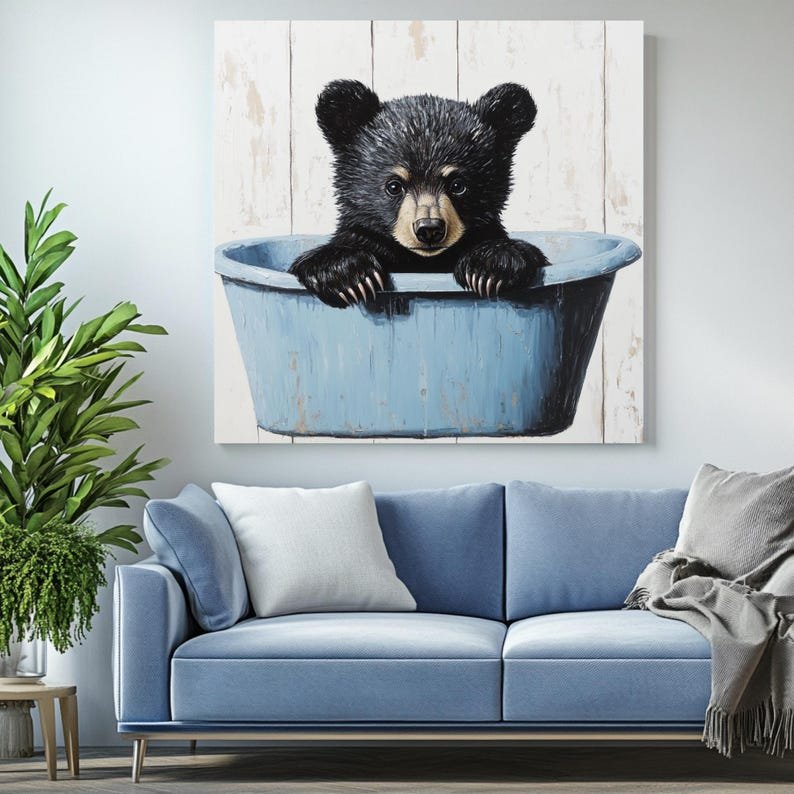 Bear In Tub Wall Art, Canvas or Poster, Nursery Animal Decor, Woodland Theme Wall Art, Modern Kids Room Wall Hanging, Rustic Home Wall Art - Image 4