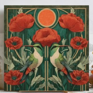 Hummingbird And Poppy Wall Art, Canvas or Poster, Floral Wall Decor, Home Decor, Nature Inspired Art, Modern Botanical Design, Bedroom Art