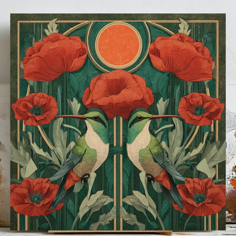Hummingbird And Poppy Wall Art, Canvas or Poster, Floral Wall Decor, Home Decor, Nature Inspired Art, Modern Botanical Design, Bedroom Art